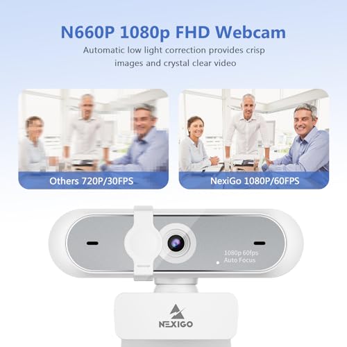 NexiGo N660P (Gen 2) 1080P 60FPS Webcam with Software Control, Dual Microphone & Cover, Autofocus, HD USB Computer Web Camera, for OBS/Zoom/Skype/FaceTime/Teams/Twitch, White - style: 1080P 60FPS Webcam