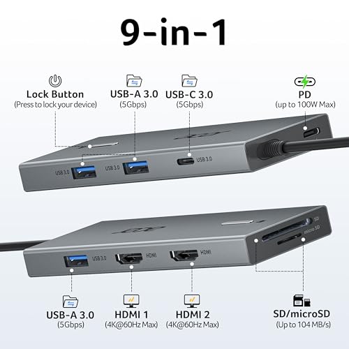 Acer USB-C Docking Station Dual Monitor, 9-in-1 Laptop Dock with 2 HDMI | Laptop Docking Station with 4K@60Hz HDMI, USB A&C 3.0, SD/Micro SD, 100W PD Compatible with Acer/Dell XPS/HP/Mac (0.65FT) - size: 0.65FT