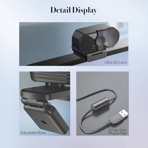 4K Webcam with AF Auto-Focus, 6+2 Optical Lenses, Independent ISP Noise Reduction & Dual Noise-Canceling Mics, Plug&Play Computer Camera for Zoom/Teams/Facetime