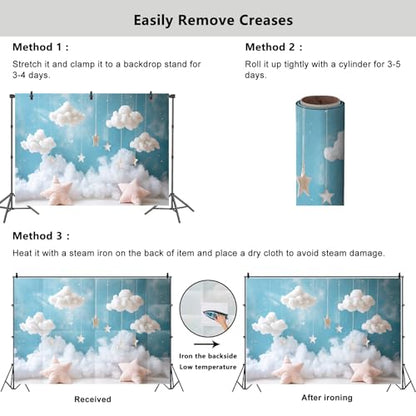 YongFoto Cute Sky Clouds Star Blue Backdrop 7x5ft Kids Photography Background Boy Girl Birthday Baby Shower Cradle Ceremony Party Banner Child Portrait Photoshoot Wallpaper Photo Studio Booth Props - color: Blue, size: 7ftx5ft