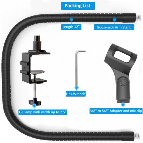 Microphone Arm Stand Long 12'' Sturdy Gooseneck Mic Stand Adjustable Microphone Arm Stand with Clamp - Mic Holder Flexible Mike Stand Podium Compact Mic Arm for Desk Traveling (Black) by Auray - size: 12" Gooseneck