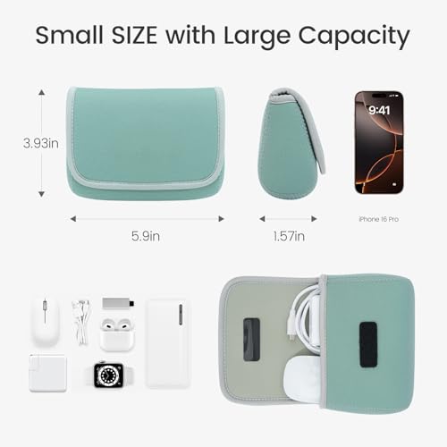 LENTION Mint Green Neoprene Tech Pouch, Portable Travel Organizer for MacBook Power Adapter, Power Bank, Charger, Cable & Small Electronics - color: Mint Green