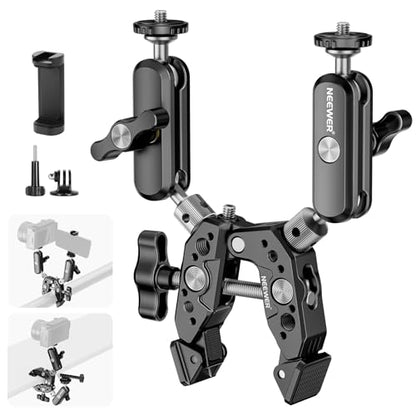 NEEWER Heavy Duty Super Clamp with Two 360° Dual Ball Head Magic Arms, 1/4" 3/8" Screw Threads, Phone & Action Camera Mount Adapter for Flat/Round Surface Compatible with GoPro DJI Insta360 DSLR - style: ST89