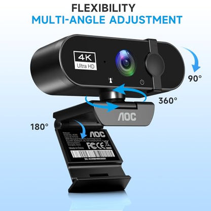 AOC 4k Webcam for PC with Microphone, Computer Camera with Noise Cancellation, Privacy Cover, 99° FOV, Plug & Play USB Webcam for Streaming, Conferencing, Zoom, Skype, Facetime, Laptop, PC, Skype - color: Black