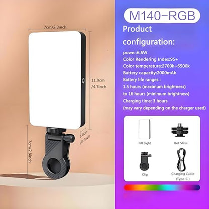 Clip-On Selfie Light, 138 LED, CRI 95+2000mAh, Portable, 3 Light Modes+RGB, with Cold Shoe Mount & Camera Tripod, for Phone iPhone Cameras Webcam Laptop Computer Photography Live Streaming (M140-RGB)