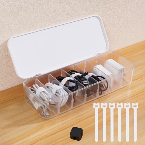 Cable Organizer Box with 7 Wire Ties and 6 Magnetic Cable Clips, Desktop Cord Management Box with Dividers and Lid for Home Office Storage – White - size: 1-Pack