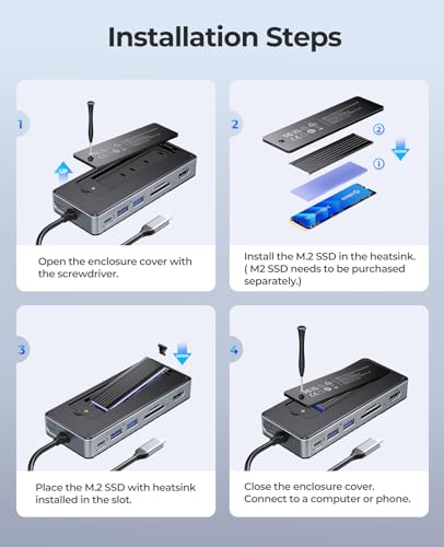 ORICO USB-C Hub with M.2 SSD Enclosure, 8-in-1 USB C Docking Station Fits M.2 NVMe/SATA SSD, 10Gbps, 4K@60Hz HDMI, 100W PD, SD/TF Card Reader - style: with SD/TF