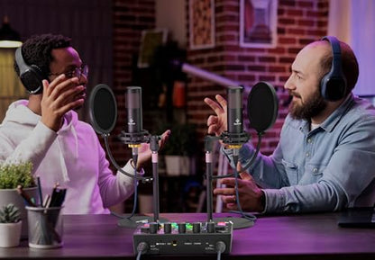 Podcast Equipment Bundle for 2, RGB Mixer with Premium 48V XLR Condenser Microphone Micro-SD card, Surround Sound, for Live Streaming/TikTok/YouTube, Compatible with iOS,Android,PC,Camera RS2i2 - style: Audio interface+ 2 condenser mics