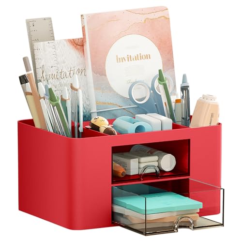 Marbrasse Pen Organizer with 2 Drawer, Multi-Functional Pencil Holder for Desk, Desk Organizers and Accessories with 5 Compartments + Drawer for Office Art Supplies (Red) - color: Red
