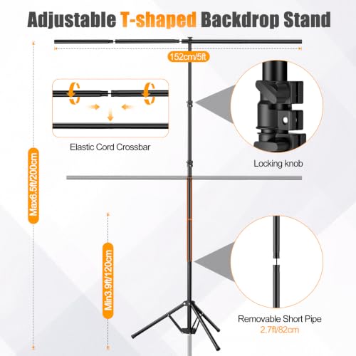 5x8ft Black & White Photo Backdrop with Stand, 2-in-1 Revisible Black White Background Screen with Portable T-Shape Stand,Carry Bag and 5 Clamps for Photography Video Meeting Streaming