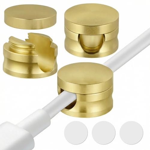 3 Pack Upgraded Cord Management Clips with Extra-Large Adhesive Base, Stronger Hold Phone Charger Holder for Nightstand, Premium Aluminum Gold Sticky USB Wire Organizer Cable Clips for Desk