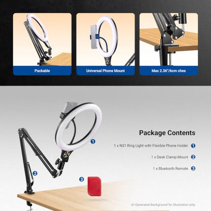 NEEWER Entry Level Version 10.5" Overhead Desktop LED Ring Light, Clamp Stand for Desk/Remote/Phone Holder Compatible with iPhone, 10W Streaming Recording Selfie Laptop Video Conference Lighting, N31