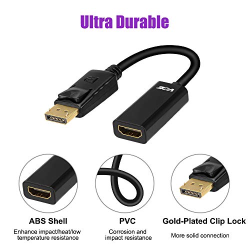 VCE DisplayPort to HDMI Adapter, Gold Plated Display Port to HDMI Male to Female Adaptor Cable, 1080P HDMI 2.0 Converter with Audio, Black - 7.8 Inch (2 Pack)