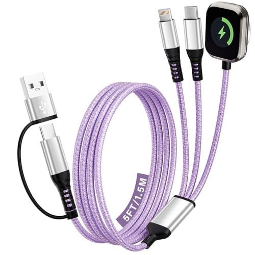 Travel Essentials, 3 in 2 USB A/C Cable to iPhone 17 Charger/iWatch Charger/IP, Braided Multi Charging Cable Cord, RV Camping Essentials, Designed for iWatch Series & iPhone17-11/iPad [Purple, 5FT] - color: Purple, size: 1Pack5FT