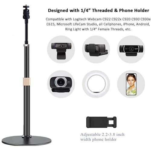 Webcam Stand Phone Holder [Extension-Type] Desktop Stand Flexible Gooseneck Video Stand Camera Mount for Cellphones, Logitech Webcam C922 C930e C920S C920 C615, Etc. (1/4" Threads)