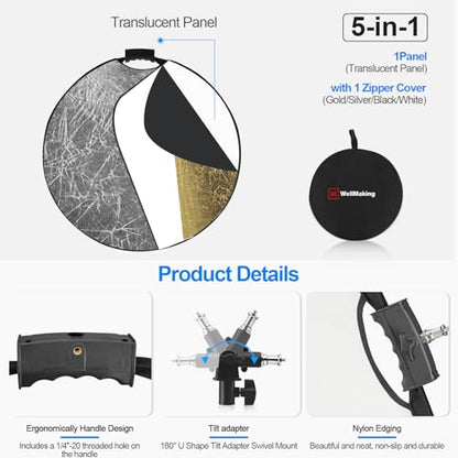 32 Inch (80cm) Photography Reflector, Collapsible Light Reflector with Bag & tilt Adapter, 5 in 1 Handle Reflector for Studio & Outdoor Lighting -Translucent, Silver, Gold, White and Black - style: Single Handle