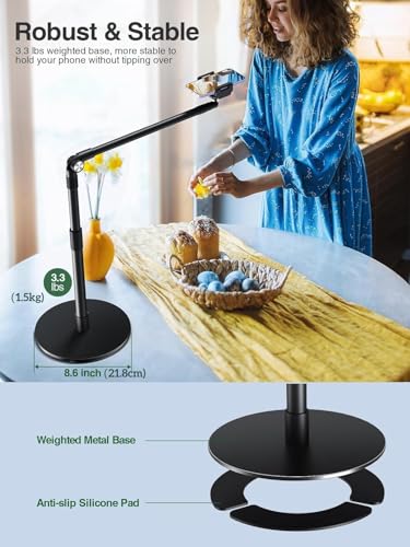 elitehood Heavy Duty Aluminum Overhead Phone Stand, 15 in Long Arm iPhone Holder for Video Recording, 360 Degrees Swivel Tilt Overhead Phone Mount for Filming, Meeting, Cooking, Painting and Crafting - style: Desk Stand