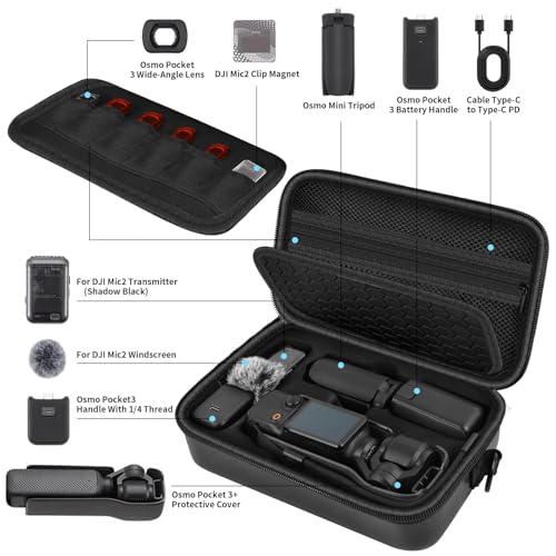 Boobowl Hard Case for DJI Osmo Pocket 3 Creator Combo, Portable Travel Storage Bag Fits Camera with Original Protective Cover, Battery Handle & Mic 2, Shockproof Organizer with Shoulder Strap - Black