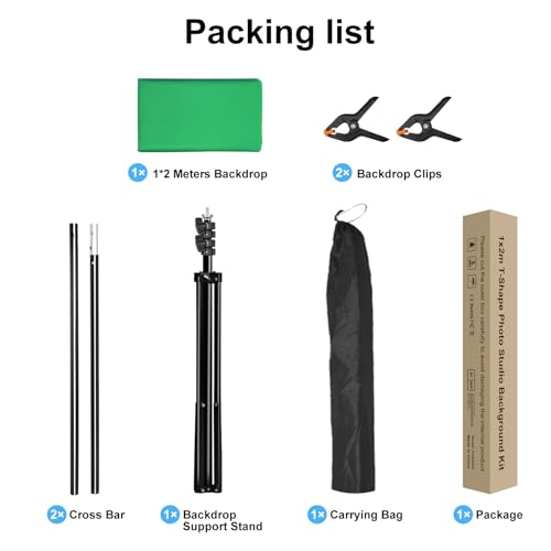3.2x6.5FT Green Screen Backdrop Kit with Carrying Bag & Clips, Adjustable Aluminum Alloy Backdrop Crossbar T-Shape Bracket Studio Background Stand for Photography, Photoshoot ，Live Streaming