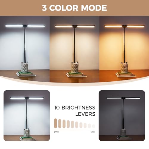 Voncerus LED Desk Lamp for Home Office, Double Head Architect Light with Clamp, Computer Monitor Clip on Light, 3 Modes and 10 Brightness, Adjustable Flexible Goose-Neck, Table Task Lamp, Black - color: Black Pro