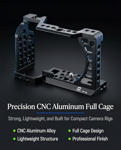 Full Camera Cage for Sony A6400, A6100, A6300, A6500, A6600, CNC Aluminum Camera Rig Cage with 1/4"-20 & 3/8"-16 Mounting Points, ARRI Locating Holes, Cold Shoe