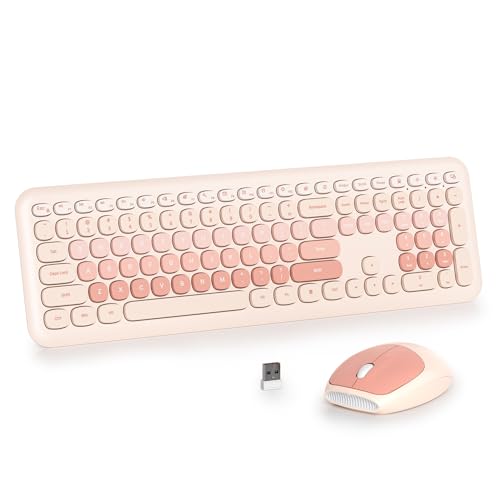 Cute Pink Quiet Keyboard and Mouse Wireless, Retro Typewriter 104-Key Fullsize Keyboard Round Keys for Home Office Dorms PC/Laptop/Desktop(Diary Milk Tea) - color: Diary Milk Tea