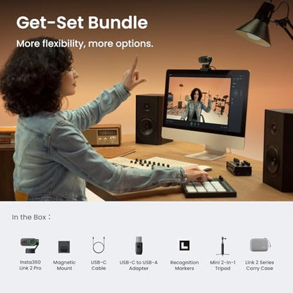 Insta360 Link 2 Pro Get-Set Bundle – 4K PTZ Webcam for PC/Mac, 1/1.3” Sensor, Low-Light, AI Tracking, HDR, Directional Noise-Canceling Mics, Supports Stream Deck, Zoom, Teams, Twitch for Streaming - style: Get-Set Bundle