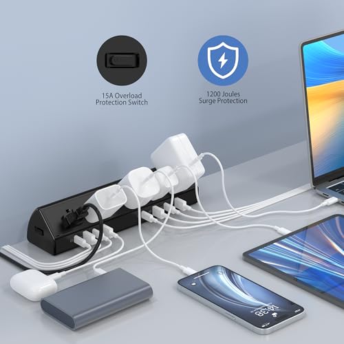 Desk Clamp Power Strip 65W Fast Charging Station,4 PD USB-C,5 Outlets,Nightstand Desk Edge Mount Tower Surge Protector,15 Amp Heavy Duty Power Strip,Fits 1.96" Tabletop Edge (Black, 6 FT Cable) - color: Black, size: 6 FT Cable
