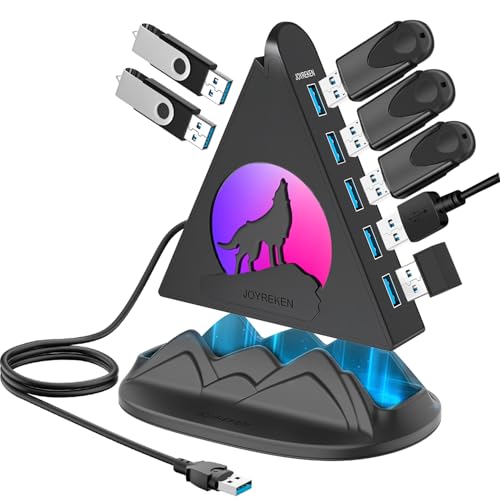 USB Hub 3.0, 7-Port USB Hub with RGB Night Light and Base, Vertical USB a Splitter for Desktop,Laptop, MacBook, Xbox, PS4/5, Game Console, Flash Drive, XPS, PC, Printer, Camera, Keyboard - color: Black