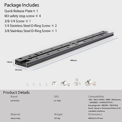 LEFTFOTO 400mm Lengthened Quick Release Double Dovetail Slide Rail Universal QR Plate, with ARRI Locating Hole, 1/4" & 3/8" Threads, Cold Shoe - for DSLR Camera Tripod Ballhead - size: 400mm