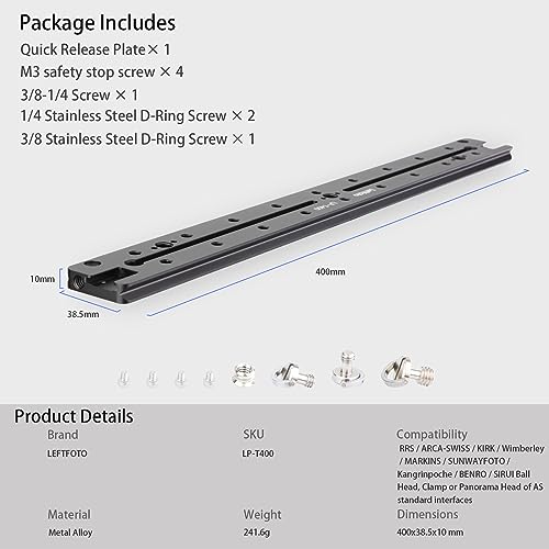 LEFTFOTO 400mm Lengthened Quick Release Double Dovetail Slide Rail Universal QR Plate, with ARRI Locating Hole, 1/4" & 3/8" Threads, Cold Shoe - for DSLR Camera Tripod Ballhead - size: 400mm