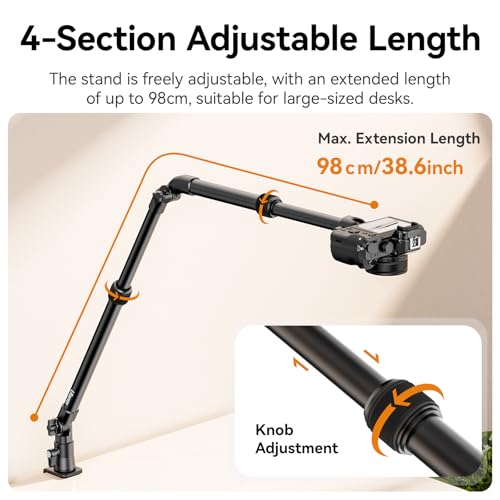 ULANZI ZJ02 Camera Desk Mount Overhead Magic Arm, 98cm/38.6inch Aluminum Adjustable Articulating Arm with 1/4" Ball Head for Cameras DSLR Lights Mount for Live Streaming/Photo Video Shooting