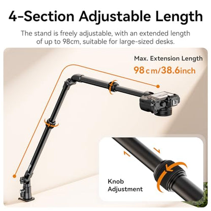ULANZI ZJ02 Camera Desk Mount Overhead Magic Arm, 98cm/38.6inch Aluminum Adjustable Articulating Arm with 1/4" Ball Head for Cameras DSLR Lights Mount for Live Streaming/Photo Video Shooting