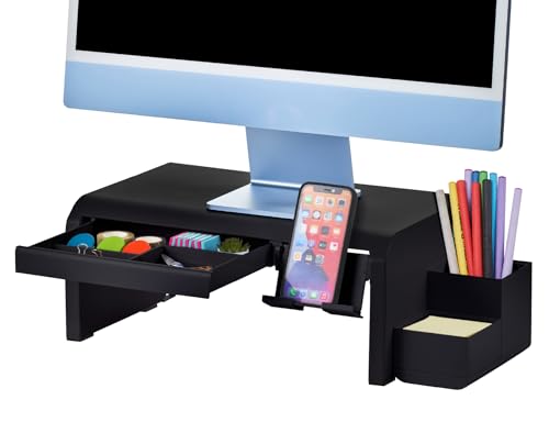 Bostitch Konnect Adjustable Monitor Riser with Drawer, Cell Phone Stand & Pencil Holder, Laptop Stand for Desk, 4 Height Levels, Cable Management & Rubber Feet - color: Black, style: Deluxe Laptop Stand Kit