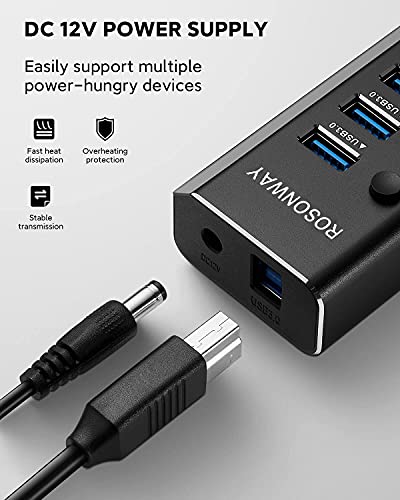USB Hub 3.0 Powered Rosonway Aluminum 7 Ports USB 3.0 Data Hub Splitter with 24W (12V/2A) Power Adapter and Individual On/Off Switches USB Port Expander for PC and Laptop (RSH-A37S) - size: 7-Port Powered USB 3.0 Hub