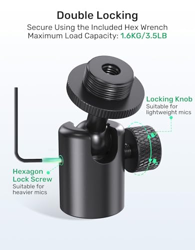 Ball and Socket Head Microphone Adapter with Angle Adjustment– 360° Pan & 90° Tilt, with 5/8" and 3/8" All-Metal Adapter, Camera, Lightweight & Secure Locking, Swivel Mic Stand Adapter