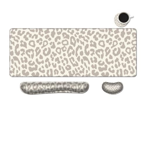 MIBITRI Keyboard Mouse Pad Set, Extended Gaming Mouse Pad+Ergonomics Keyboard Wrist Rest Support, Memory Foam, Easy Typing Pain Relief, 4Pcs XXL Ultra Thick Desk Mat, Leopard Print - color: Leopard Print