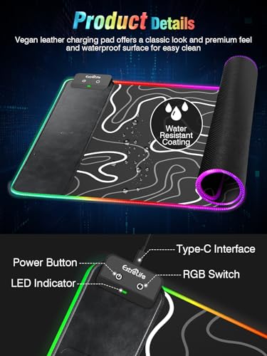Wireless Charging RGB Gaming Mouse Pad, 31.5"x15.7" XXL Large Desk Mat, Desk Pad for Gamer, 9 Light Modes, Non-Slip Rubber Base, Waterproof, Computer Keyboard Mat, Black - color: Black-white Topographic Line
