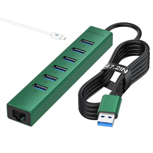 7 Ports USB 3.0 Hub, USB to Network HUB with 3.9ft Long Cable for Laptop, USB Splitter with Gigabit Ethernet Port and 5V/3A Power Port, MultiPort Aluminum Hub for iMac, PC, Flash Drives (Green) - color: Green
