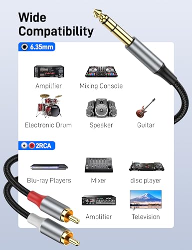1/4" to RCA Audio Cable 10FT, Quarter inch TRS to RCA Audio Cable 6.35mm Stereo Jack to Dual RCA Insert Cable Y Splitter Cable. - size: 10FT