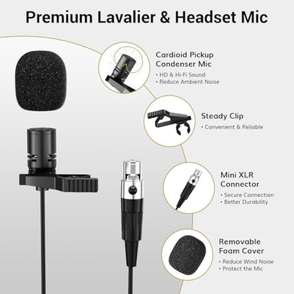 TONOR UHF Wireless Microphone System with Headset Lavalier Lapel Mic, Bodypack Transmitter, Rechargeable Receiver, 15 Channels 60 m/200ft Range 1/4" Output for Recording, 1 Bodypack Mic