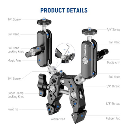 NEEWER Heavy Duty Super Clamp with Two 360° Dual Ball Head Magic Arms, 1/4" 3/8" Screw Threads, Phone & Action Camera Mount Adapter for Flat/Round Surface Compatible with GoPro DJI Insta360 DSLR - style: ST89