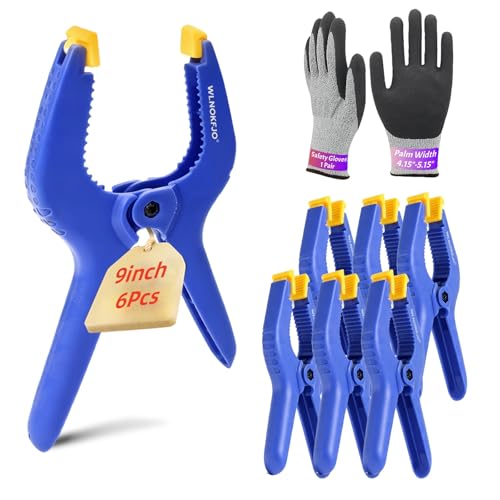 9 inches Spring Clamps Heavy Duty - 6 Pack Large Plastic Clamps& Safety Work Gloves for Woodworking, Crafts, Backdrop and Pool Cover with 3.5 Inches Mouth Opening And Serrated jaws - size: 9 inches