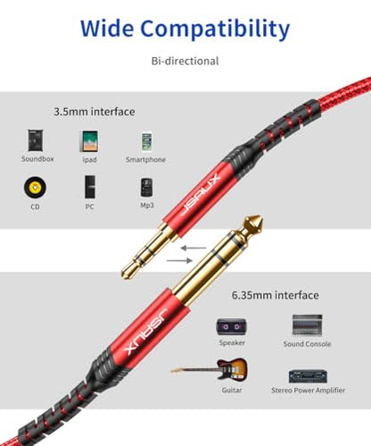 3.5mm to 6.35mm Stereo Audio Cable, JSAUX 6.35mm 1/4" Male to 3.5mm 1/8" Male TRS Bidirectional Stereo Audio Cable Jack 4FT for Guitar, iPod, Laptop, Home Theater Devices, Speaker and Amplifiers-Red - color: Red, size: 4ft