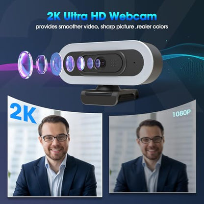 ToLuLu Streaming Webcam 2K 50FPS Web Cam, LED RGB Webcam with Microphone and Light, Autofocus Computer Camera with Cover and Tripod, Plug-Play USB Web cam for PC Desktop/MacBook Gaming Video Calling - style: 2K Autofocus RGB Ring Light webcam