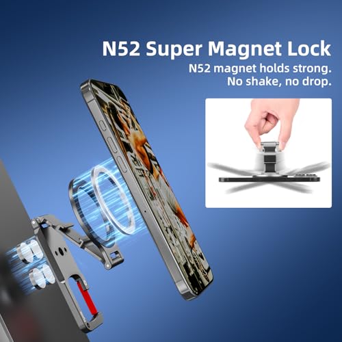 Magnetic Phone Mount for MagSafe, Maglock Tripod Adapter Magnet Golf Gym Workout Stand Metal Carabiner Dual Holder with 1/4 Screw Hole, for iPhone 17 16 15 14 13 Series Foldable Portable Accessories