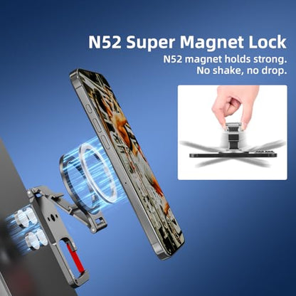 Magnetic Phone Mount for MagSafe, Maglock Tripod Adapter Magnet Golf Gym Workout Stand Metal Carabiner Dual Holder with 1/4 Screw Hole, for iPhone 17 16 15 14 13 Series Foldable Portable Accessories