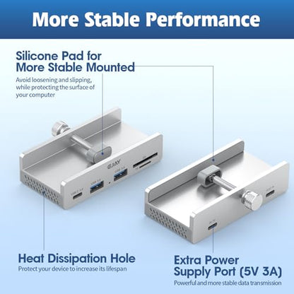 EJAY Clamp USB Hub Desk Mount, 5-in-1 Aluminum Mountable USB C Hub with SD/TF Card Reader, 59" Long Cable Under Desk USB Hub for iMac, MacBook, Floor PC, 5Gbps Desktop Hub, Silver - color: Silver
