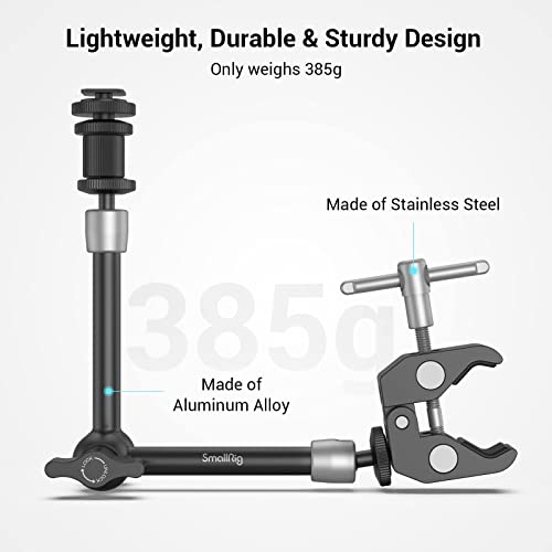 SMALLRIG 11'' Articulating Magic Arm and Clamp w/ 1/4" and 3/8" Thread, Adjustable Friction Power Camera Mount with Cold Shoe Mount for Monitor, LED Lights, Mic, for DJI/Insta360 Action Cameras - 3726