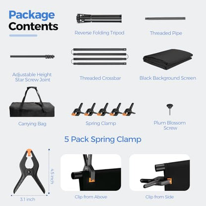 EMART Black Photo Backdrop with Stand Kit 6.5x5ft, Photography Black Background Screen with Portable T-Shape Support and 5 Clamps for Video Recording, Meetings, Self Tape - size: 6.5x5ft